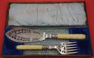 Fish Serving Set 2-pc  faux ivory, sterling, and silver plate  fish server brite-cut  w/ engraved bird pierced  13