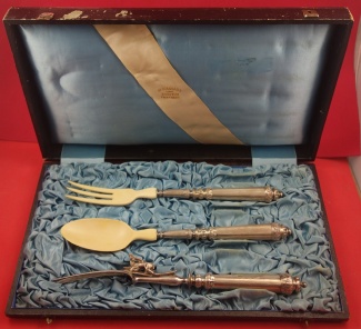 Salad Serving Set 3-pc  w/ faux ivory w/ 1 3-tine roast carving fork w/ elk in orig. fitted box c. 1890 10 3/4