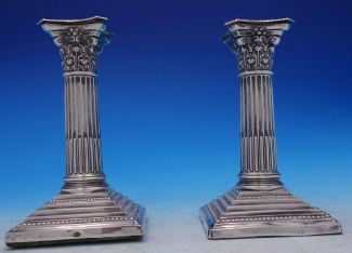 Candlestick pair  Sheffield 1906 by Walter Latham & Sons  square base  has dents  column shape  weighted  5 7/8
