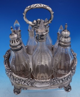 Cruet Set 7-pc  London 1831 by Joseph & John Angell caddy and 6 glass and silver bottles sku # 4054 - English Sterling - Victorian c.1831-1901 by Various Makers - Sterling