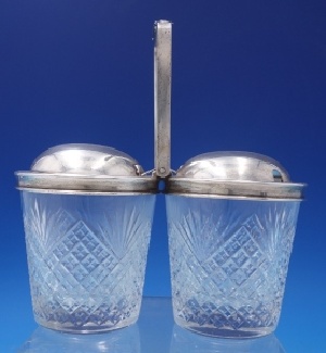 Condiment Set pair sterling w/ cut crystal  mechanical handle  6 1/2