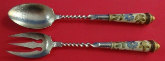 Salad Serving Set w/ gilded  enamel porcelain and silver  hammered  twisted  11