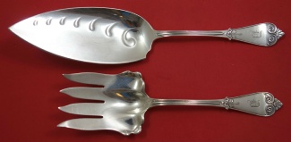 Fish Serving Set w/ scroll design on blade  4-tine  server  11 3/8