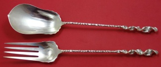 Salad Serving Set w/ pointed spoon and design in bowl  11 1/4