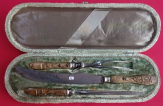 Roast Carving Set 3-pc  in original fitted box  w/ bronze, copper and gold Japanesque figure  14
