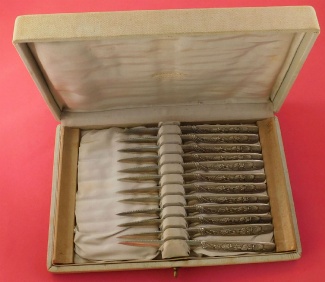 Fruit Knife set of 12  in fitted box  AS  serrated  w/ pansy  motif  6 1/2