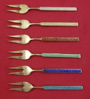 Cherry Fork 6-pc. Set. 2-tined  vermeil with enameled colors of white, yellow, red, green, royal blue and aqua. Danish  3 3/4