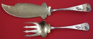 Fish Set w/ applied lily pads & fish hand hammered  fish fork  GW 8 5/8
