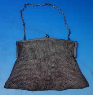Purse sterling mesh German .800 w/ faux sapphire handles c.1900 8.4oz 7