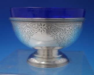 Bowl footed Sweet Meat Dish by H.A.  bright cut w/ ivy and blue cobalt liner  4