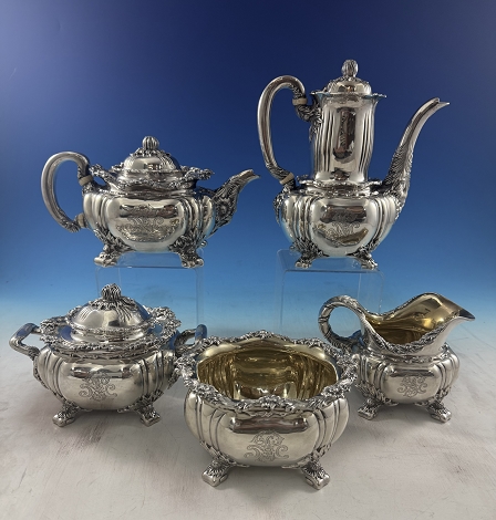 Tea Set 5-pc  Coffee Pot 41 ozt, Tea Pot 42 ozt, Sugar Bowl w/ lid 31.4 ozt, Creamer GW 20 ozt, Waste GW 17.7 ozt, sku# 8855-m-h -Chrysanthemum by Tiffany - Sterling - With Monogram