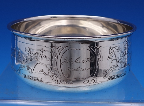 Child's Bowl #1483 w/ acid etched children around the world scenes riding animals 5.1oz 4 1/4