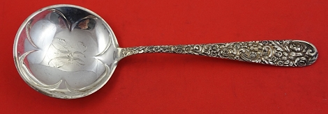 Pea Spoon  unpierced  four leaf clover shape  AS  - Repousse by Jacobi & Jenkins - Sterling - With Monogram