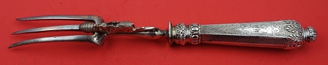 Roast Carving Fork w/ 3-D stag on the rest mechanism engine turned bright cut handle, silver on copper implement  - some wear on tines 11