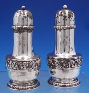 Salt and Pepper Shakers pair #7263-399 w/ scrolly rococco border 4.61toz pair 3 3/4
