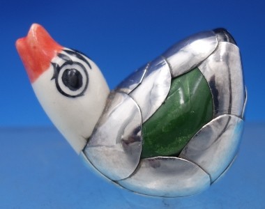 Figurine pottery duck w/ silverplated feathers 1 1/2