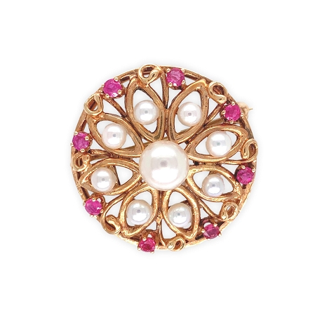 14K Rose Gold Brooch with Rubies and Pearls   j7633