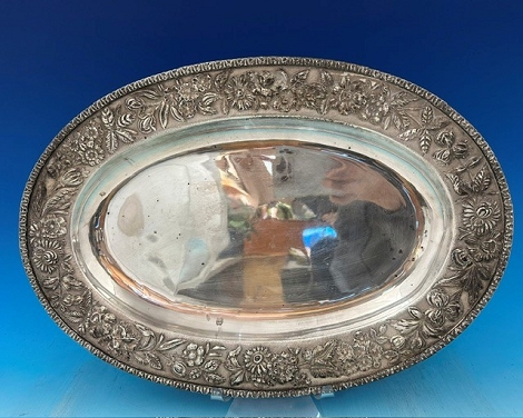 Platter wide border applied leaf border detailed repousse flowers S. Kirk & Son 925/1000 mark wt. 43.3ozt 18