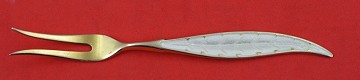 Pickle Fork vermeil  2-tine  w/ white enamel leaf  4 1/4