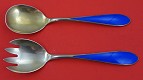 Salad Serving Set 2-pc vermeil w/ cobalt blue enamel 7