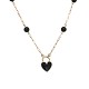 14K Yellow Gold Necklace with Black Enamel Heart Shape Lock Pendant and Black Onyx Beads 17